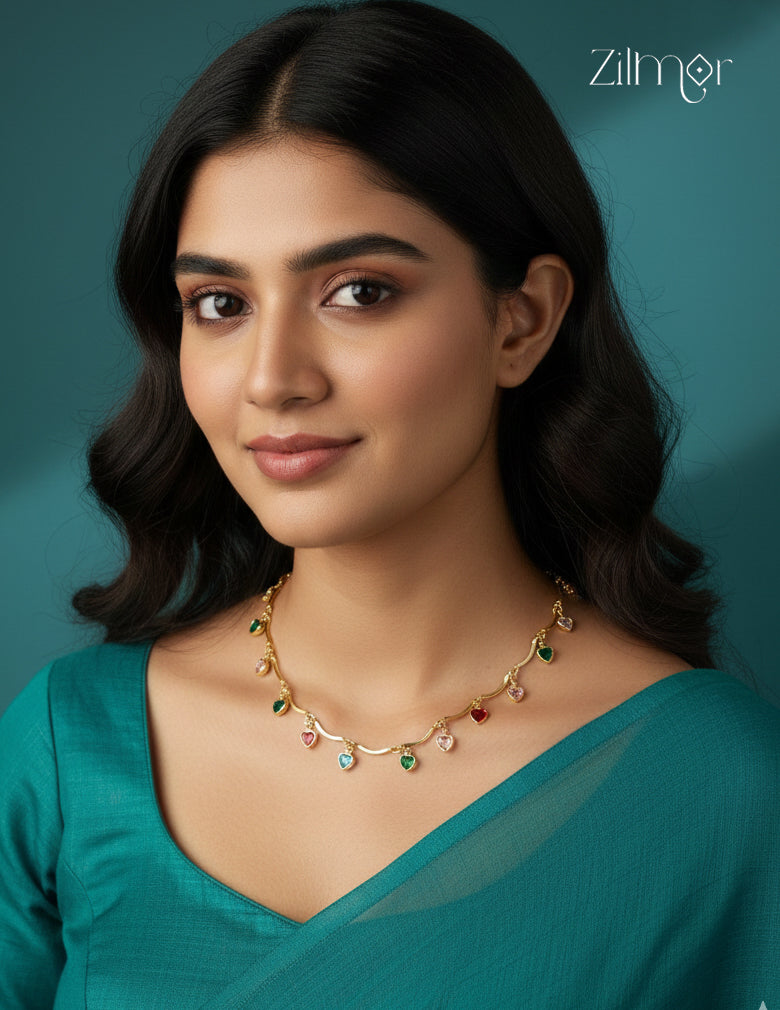 18k Gold Plated Multi colored Heart Stones Necklace - KT1012317