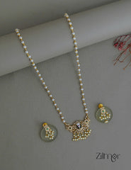 SN1011791 - AD Stone Shanku Chakra Perumal Pendant With Long Pearl Necklace Earrings Set 2-Zilmor