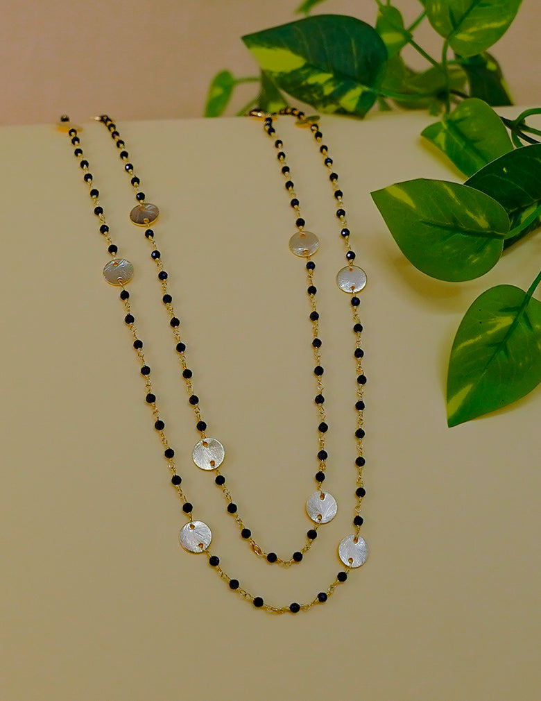 KY1011940 - Double Layer Black Beaded with Gold Disc Long Chain Necklace 3-Zilmor