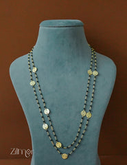 KY1011940 - Double Layer Black Beaded with Gold Disc Long Chain Necklace 2-Zilmor