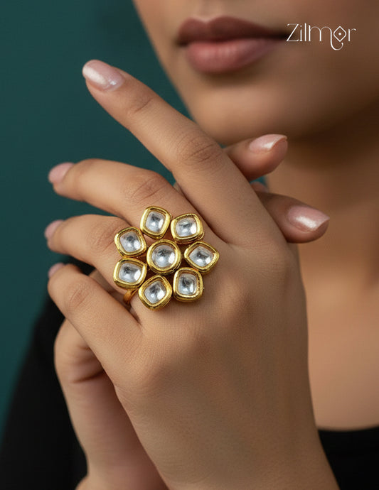 Golden Kundan Stone Adjustable Ring - CL1012297