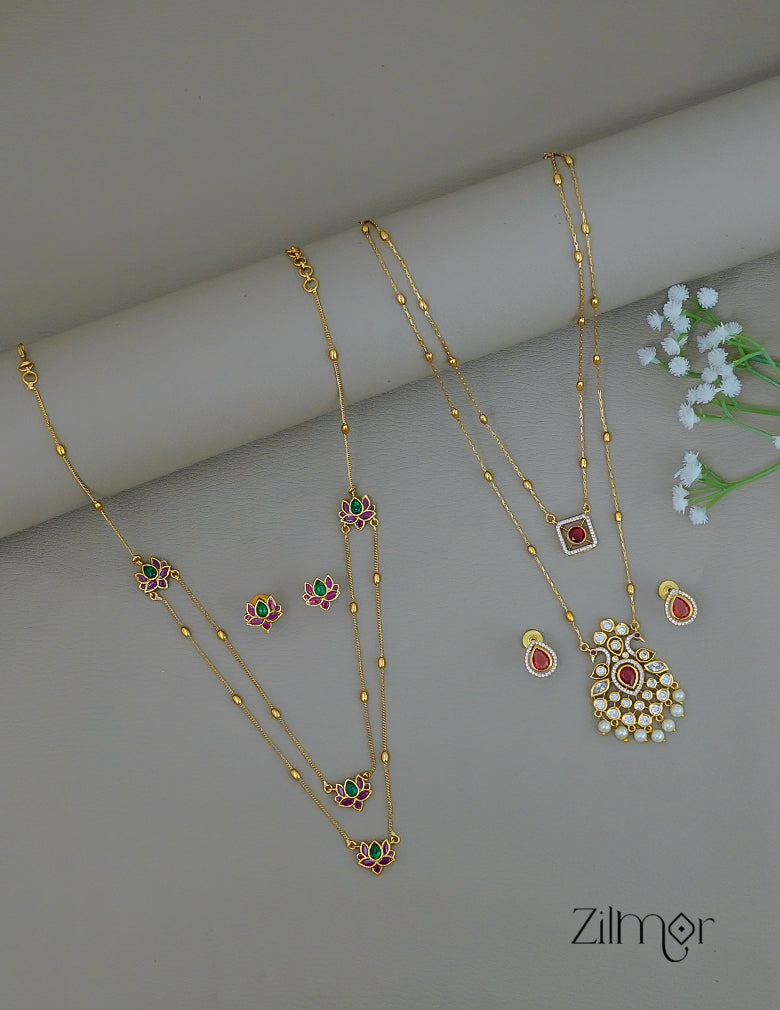 KY1011842 - Antique AD Stone &Lotus Layer Necklace with Earrings Combo 1-Zilmor
