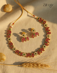 Premium Antique Real Kemp & Ad Stone Haati Necklace with Earrings -SN1012198