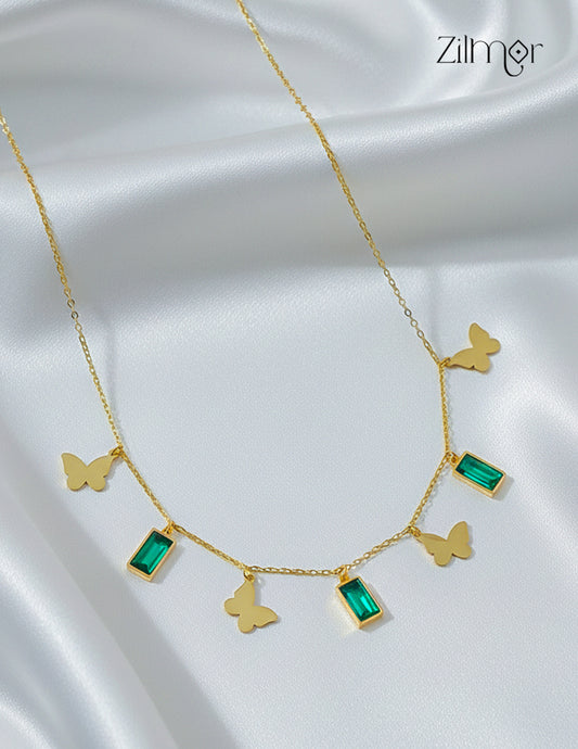 Butter Fly with Semi Precious Stone Pendant Necklace-ZF1012140