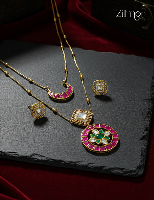 KH1011382 - Moissanite Stone& Jadau Kemp Double Layer Necklace with Earrings