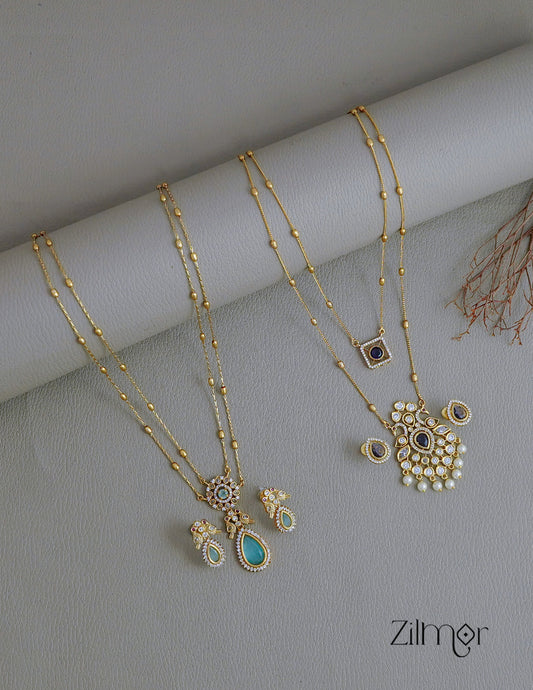 KY1011752- Premium Antique AD Stone Double Layer Long Necklace with Earrings Combo 2-Zilmor