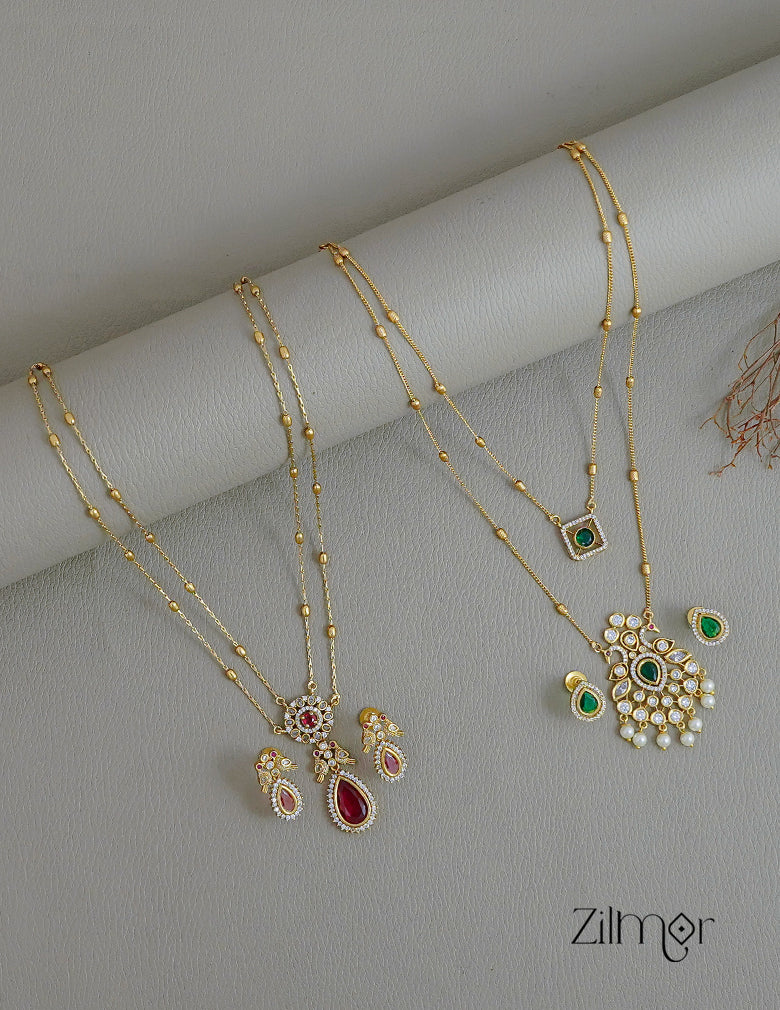 KY1011752- Premium Antique AD Stone Double Layer Long Necklace with Earrings Combo 1-Zilmor