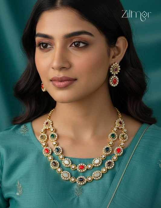Premium Antique Navaratna Necklace with Earrings Set - CL1012310