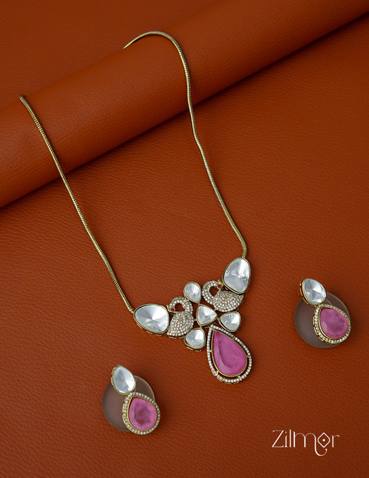 KH1011660 - Moissanite Polki Stone Necklace with Earrings (color option) 2-Zilmor