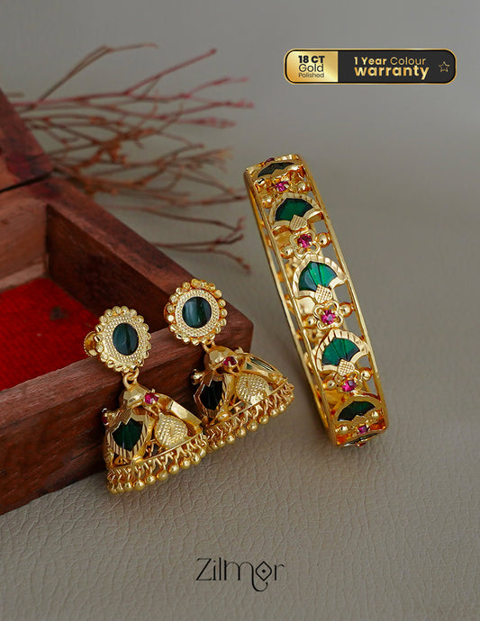 KY1011773 - Gold Plated Palakka Bangle &Jumkha Earrings combo (color option) 1-Zilmor