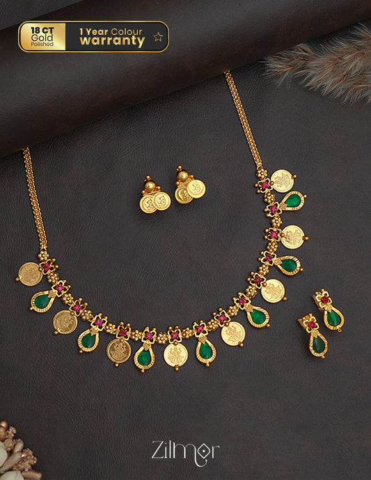 PP1011352 - Gold tone Lakshmi coin & Palakka Necklace with 2 Earrings set 2-Zilmor