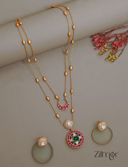 KH1011382 - Moissanite Stone& Jadau Kemp Double Layer Necklace with Earrings 1-Zilmor