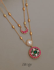 KH1011382 - Moissanite Stone& Jadau Kemp Double Layer Necklace with Earrings 3-Zilmor