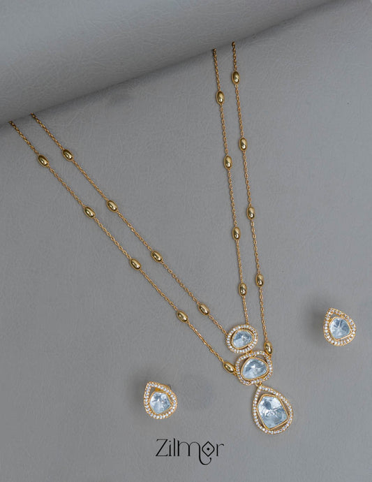 KH101958 - Moissanite Polki Stone Double Layer Necklace with Earrings 2-Zilmor