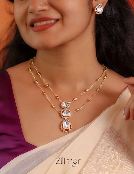 KH101958 - Moissanite Polki Stone Double Layer Necklace with Earrings 1-Zilmor