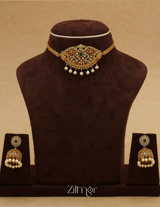 NV100908 - AD Stone Antique Necklace with matching Earrings 2-Zilmor