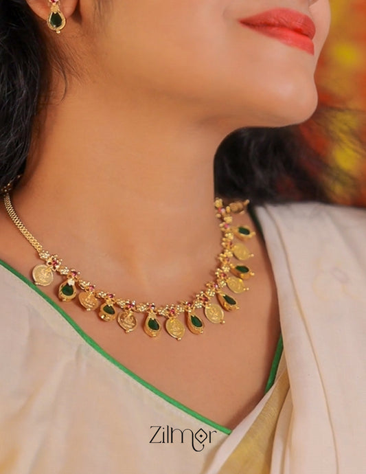 PP1011352 - Gold tone Lakshmi coin & Palakka Necklace with 2 Earrings set 1-Zilmor