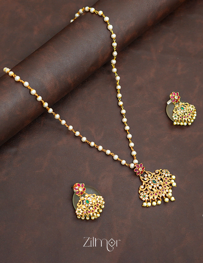 SN1011371 - AD Stone Pearl Necklace Earrings Set 1-Zilmor