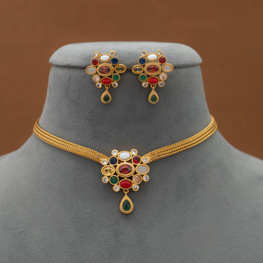 SN101628 - Traditional Navarathna Stones Necklace Earring Set