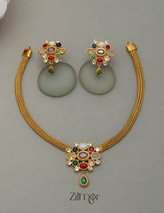 SN101628 - Traditional Navarathna Stones Necklace Earring Set 1-Zilmor