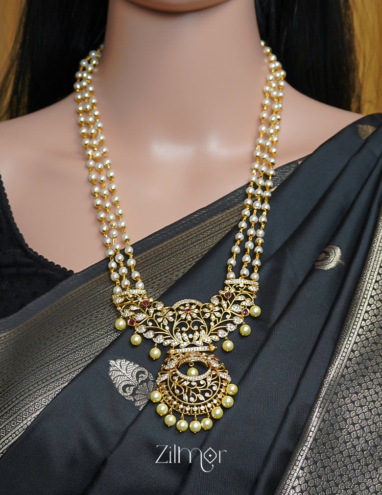 SN1011465 - AD Stone Pearl Long Haram Necklace Earrings Set
