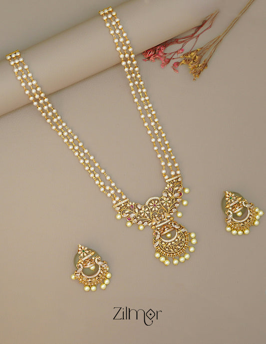 SN1011465 - AD Stone Pearl Long Haram Necklace Earrings Set
