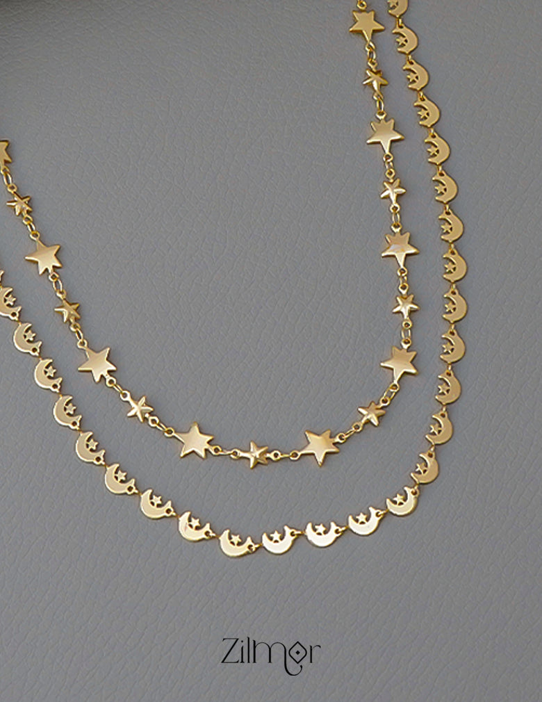 KT1011703- Gold Plated Double Layered Star Moon Necklace 4-Zilmor