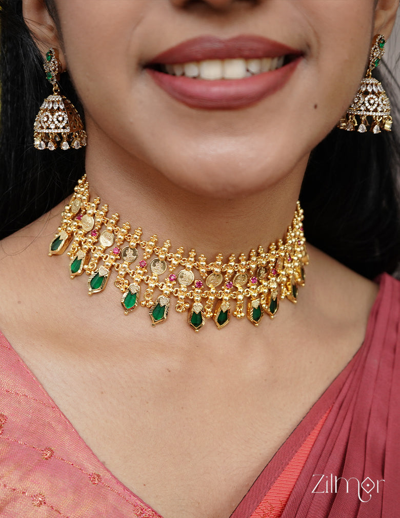AG101375 - Gold tone Lakshmi coin with Nagapadam Kaashu Bridal Choker Necklace 5-Zilmor