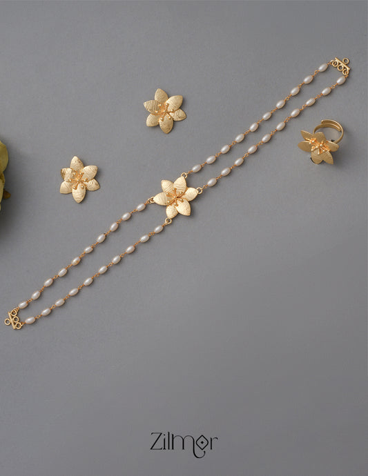AS1011266 - Flower Pearl Necklace Earring Ring Set