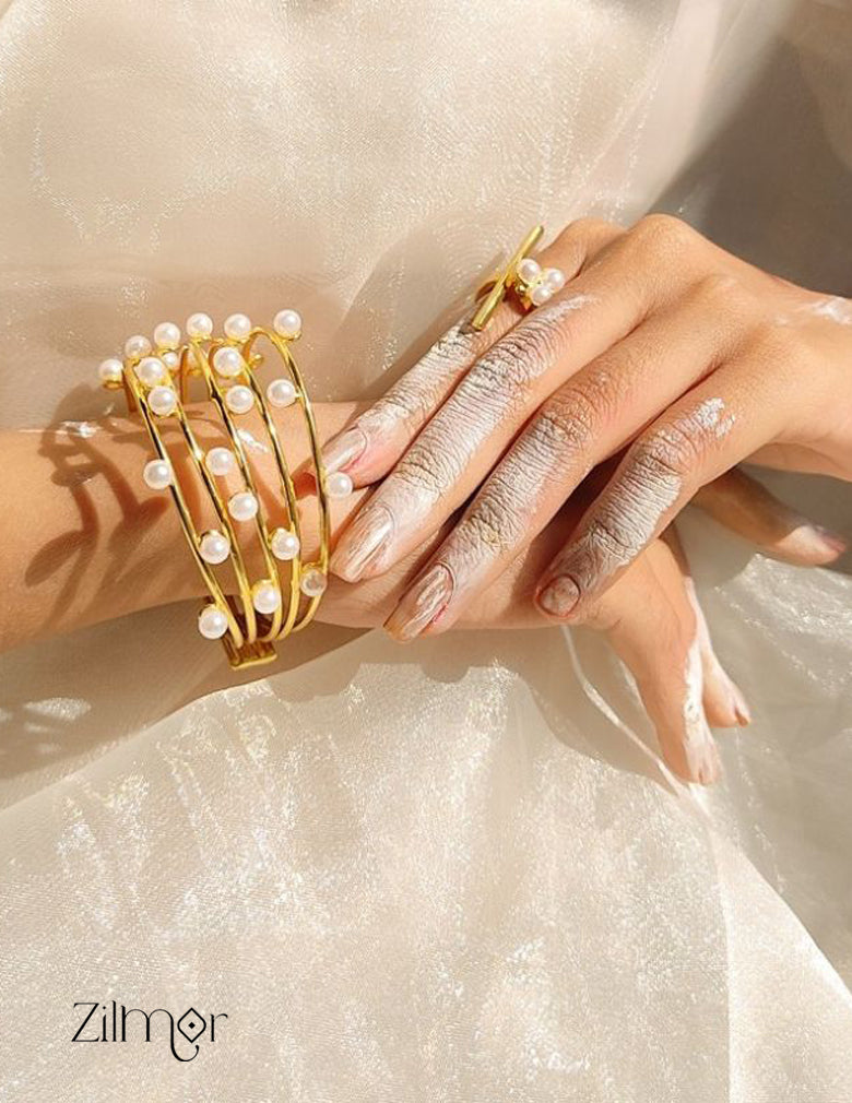 AS101135 - Golden handcuff Bangles with pearls