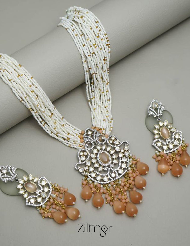 American Diamond Beaded Long Necklace Earring Set (color option)- FS100142