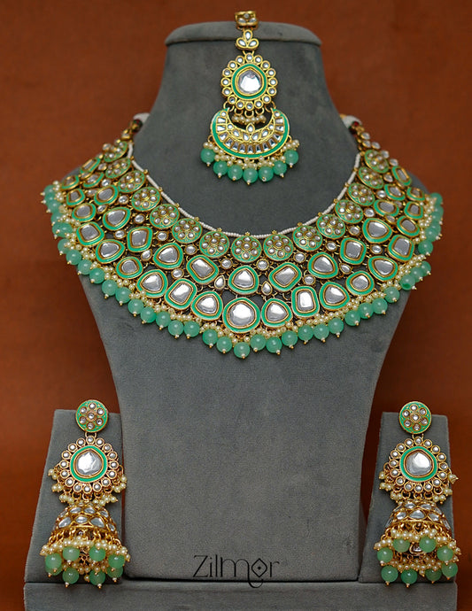 FS1011258 - Bridal Polki Kundan Necklace Earrings with Maangtikka 2-Zilmor