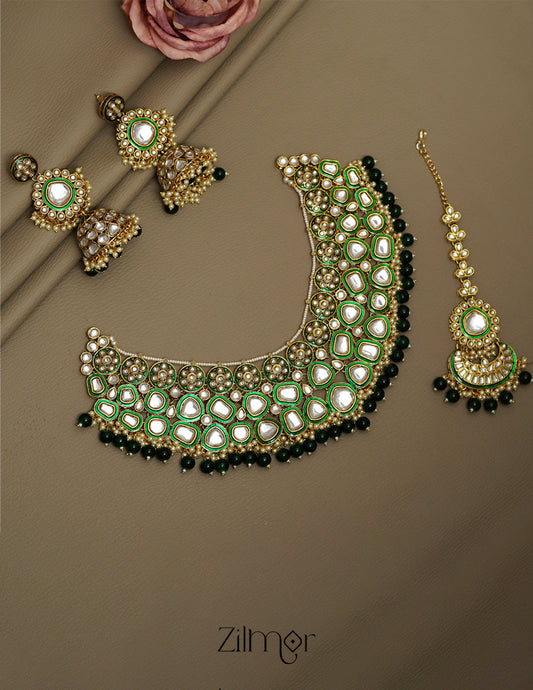 FS1011258 - Bridal Polki Kundan Necklace Earrings with Maangtikka 1-Zilmor