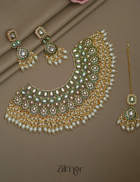 FS1011259 - Pearl Hanging Bridal Polki Kundan Necklace Earrings with Maangtikka 1-Zilmor