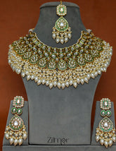 FS1011259 - Pearl Hanging Bridal Polki Kundan Necklace Earrings with Maangtikka 2-Zilmor