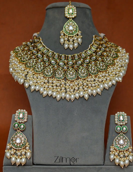 FS1011259 - Pearl Hanging Bridal Polki Kundan Necklace Earrings with Maangtikka 2-Zilmor