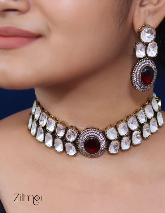 KH101507 - Moissanite Stone Kundan Necklace Earrings Set 1-Zilmor