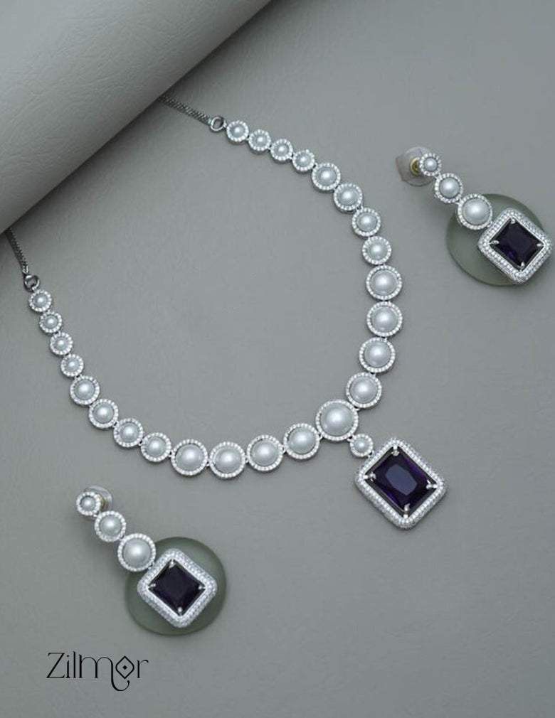 KM101360 - Pearl with AD Stone Pendant Necklace Earrings Set