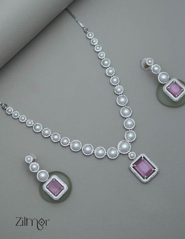 KM101360 - Pearl with AD Stone Pendant Necklace Earrings Set