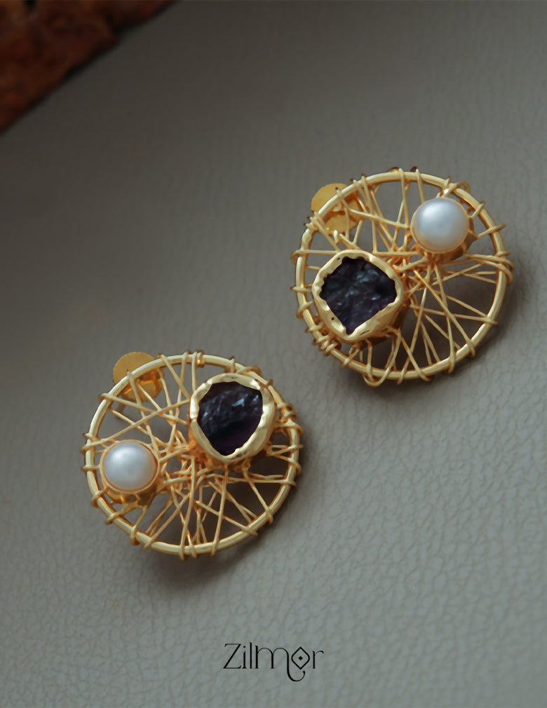 KR1011260 - Freshwater Pearl with Raw natural Stone Stud Earrings 2-Zilmor