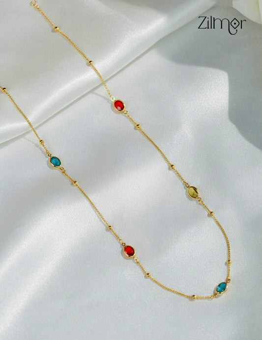 Multi Colour Stone Long Necklace – 18K Gold Plated Minimal Chain