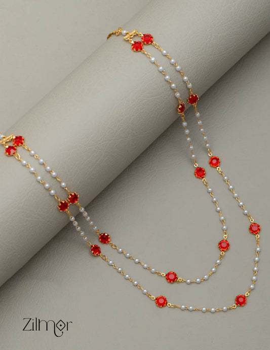 PE101755 - Gold Toned Double Pearl layer AD Stone Necklace 1-Zilmor