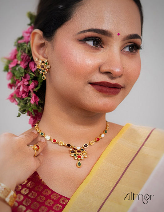 SN101680 - Premium Antique Navaratna Necklace with Earrings Set 2-Zilmor