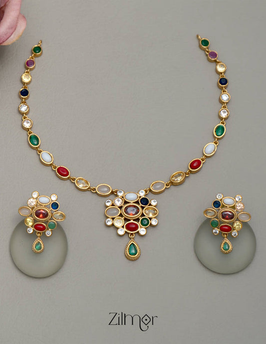 SN101680 - Premium Antique Navaratna Necklace with Earrings Set 1-Zilmor