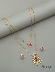 SN101785 - Premium Antique AD Stone Double Layer Long Necklace with Earrings 10-Zilmor