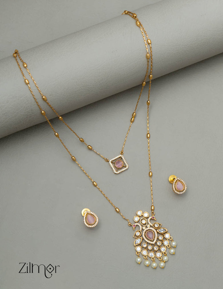 SN101785 - Premium Antique AD Stone Double Layer Long Necklace with Earrings 11-Zilmor