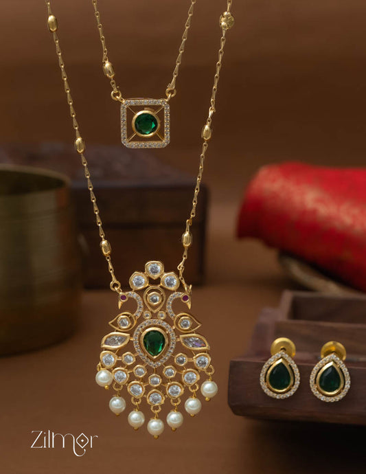 SN101785 - Premium Antique AD Stone Double Layer Long Necklace with Earrings 1-Zilmor
