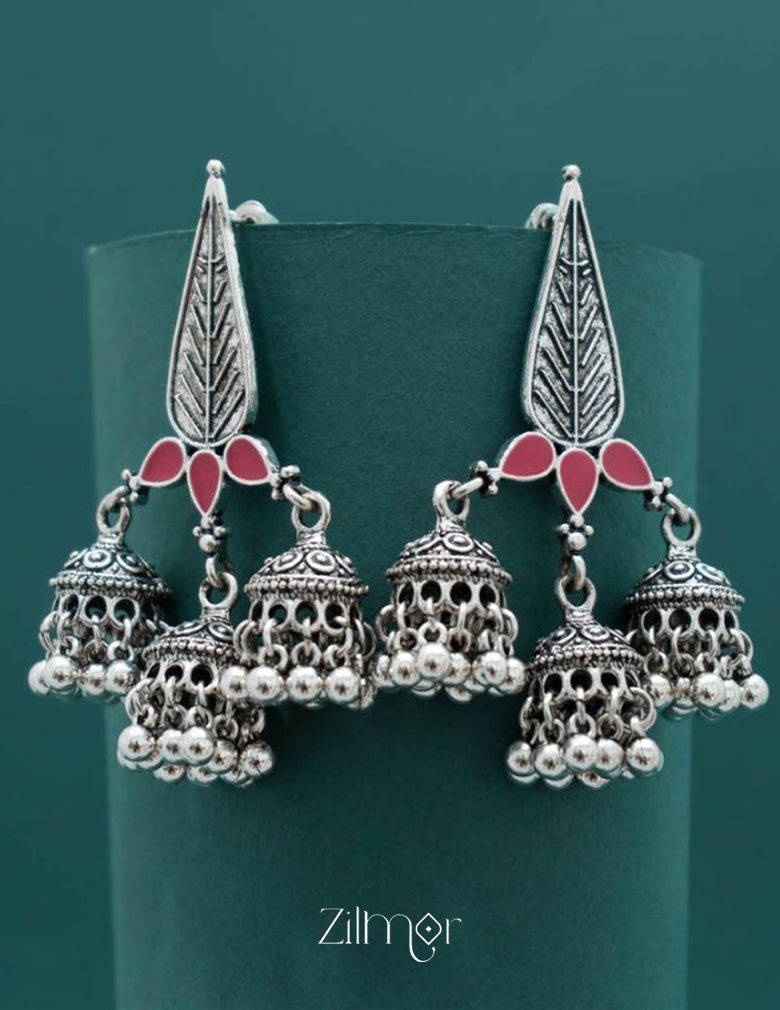 Silver Plated Enamel Artwork Triple Jhumki Earring - PT100386