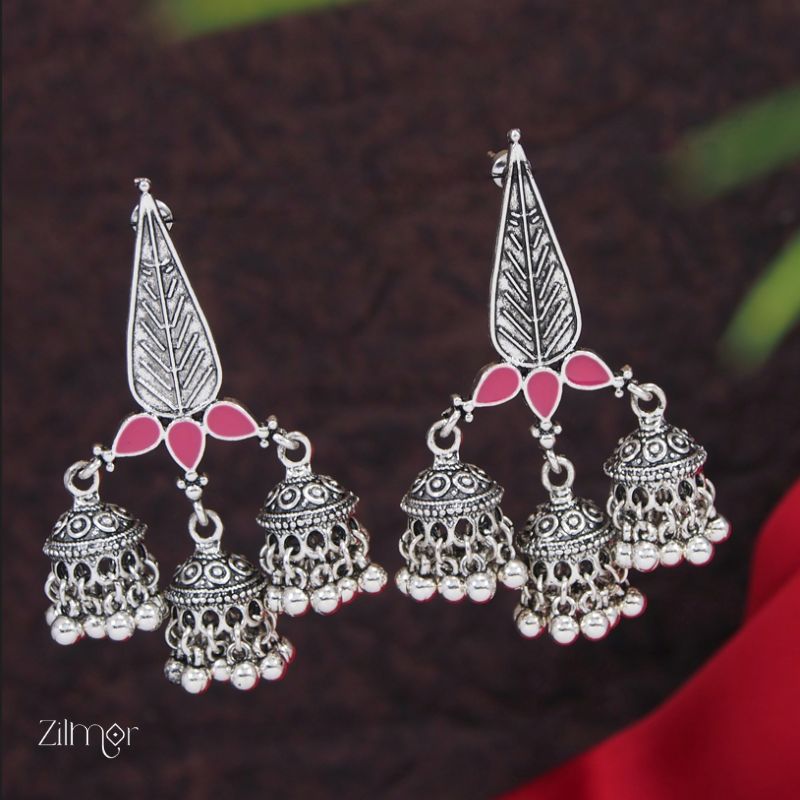 Silver Plated Enamel Artwork Triple Jhumki Earring - PT100386