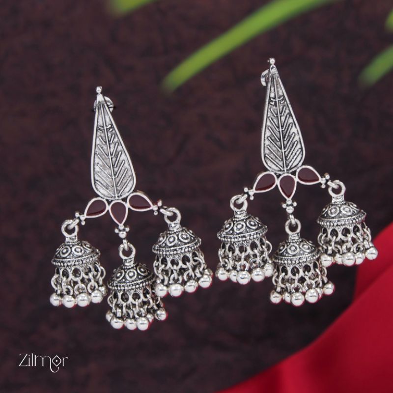 Silver Plated Enamel Artwork Triple Jhumki Earring - PT100386